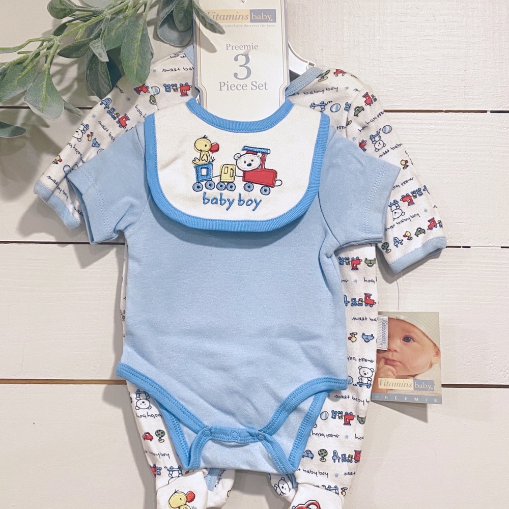 New! Preemie 3 pc Vitamins Baby Boy Train Set